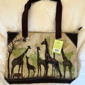 Chala Giraffe Design Vegan Tote - Brown and Green